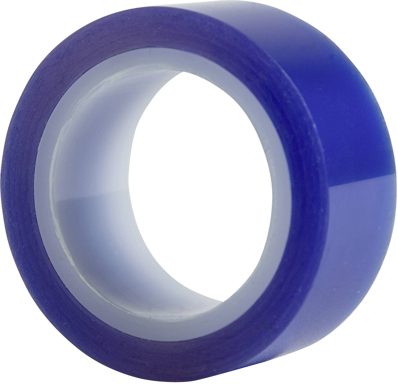 A blue roll of adhesive tape with a transparent core lies on a white surface.