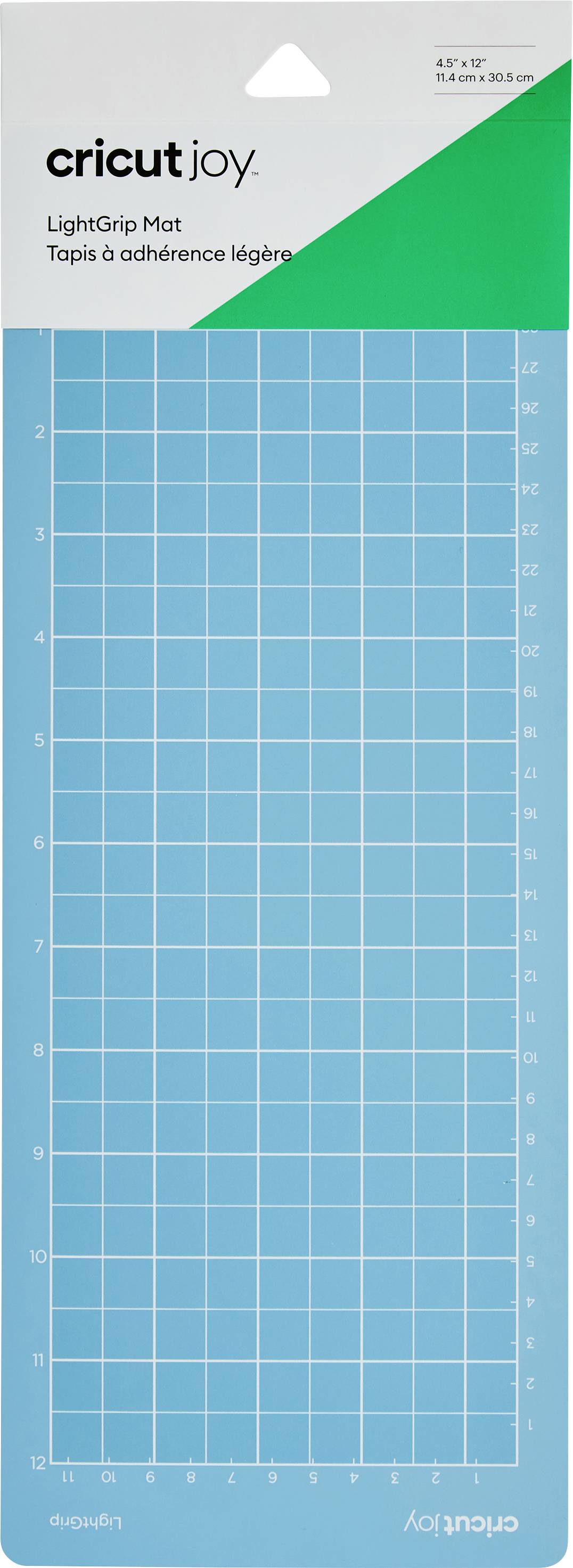 Light blue cutting mat with white grid, marked from 0 to 30 cm and 0 to 10 inches. At the top it reads 'cricut joy LightGrip Mat'.