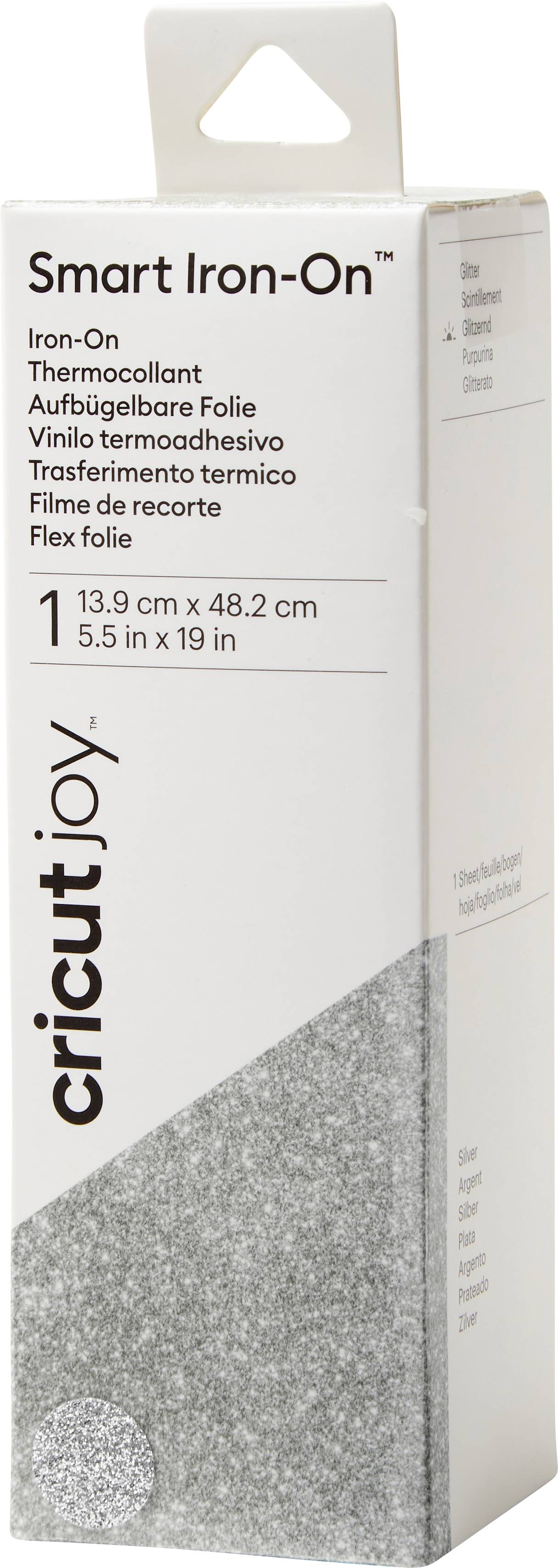 Packaging of the Cricut Joy Smart Iron-On Vinyl in Silver, 13.9 cm x 48.2 cm. Contains a vinyl sheet for heat transfer onto fabrics.