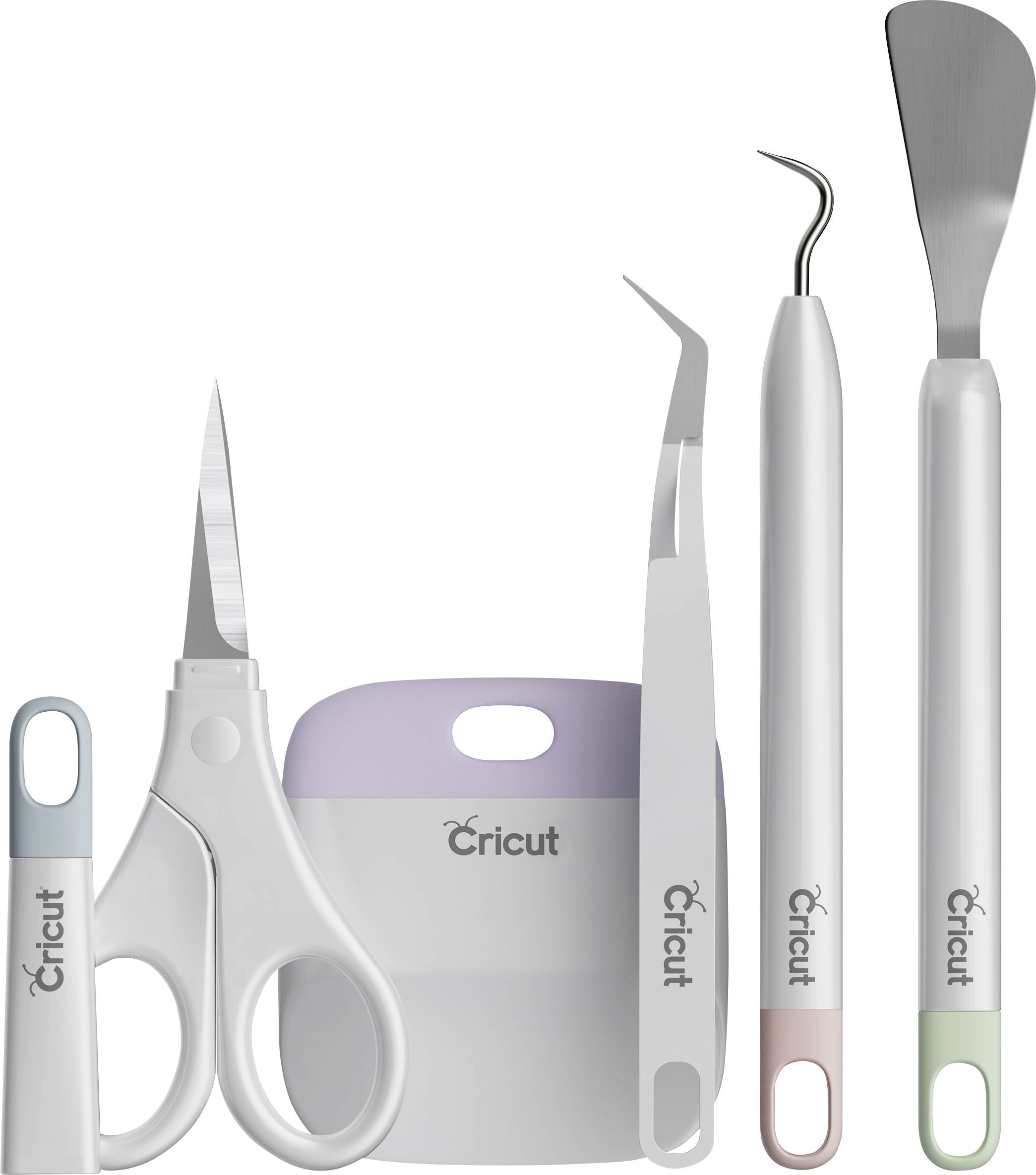 A selection of Cricut tools, including scissors, spatula, hook, tweezers and scraper, for use in craft projects.