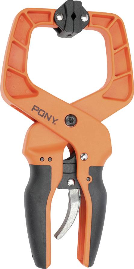 An orange pony-clip grip with a black handle and spring mechanism, perfect for securely holding items.