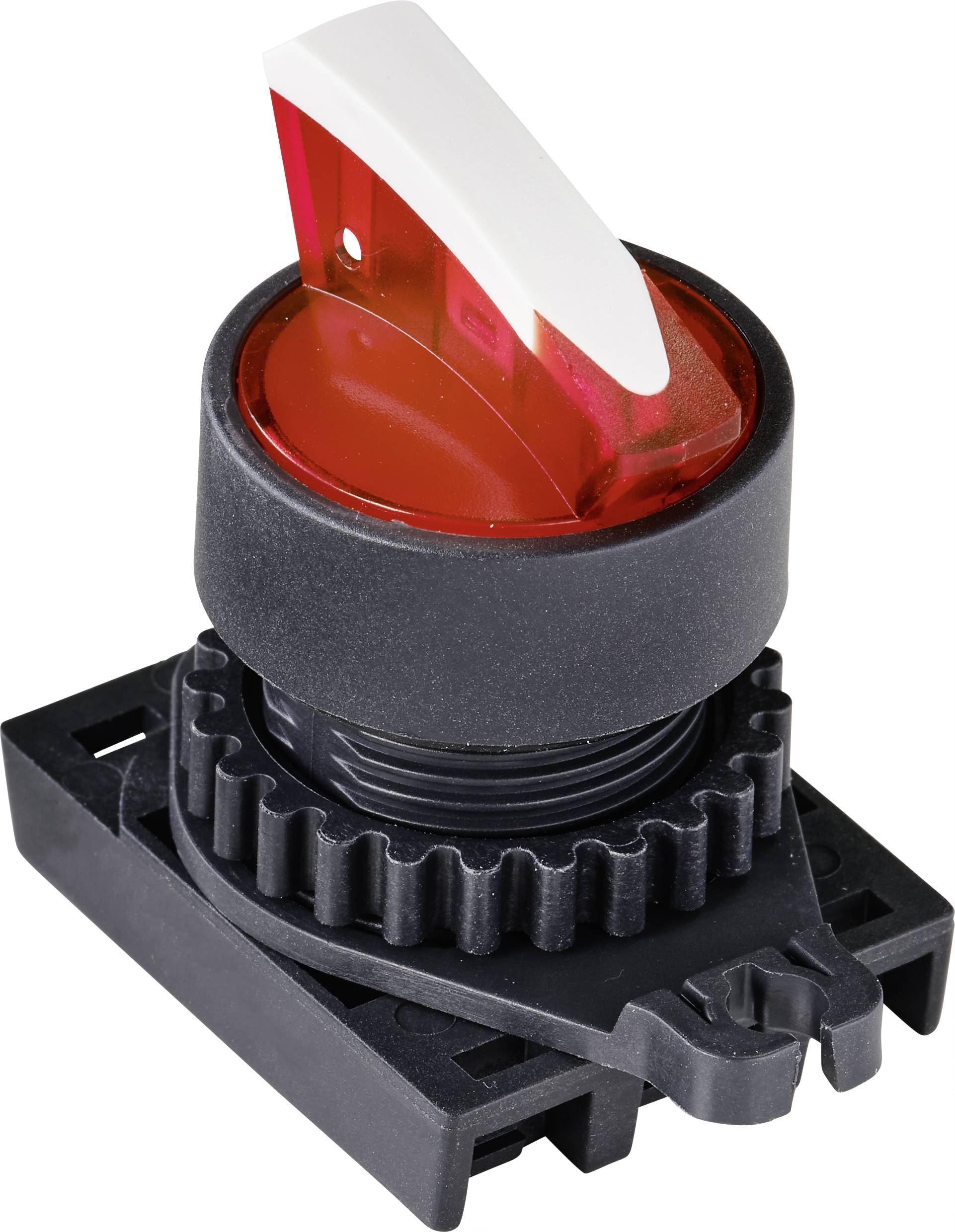 A red emergency stop switch in a black housing is pointing upwards.