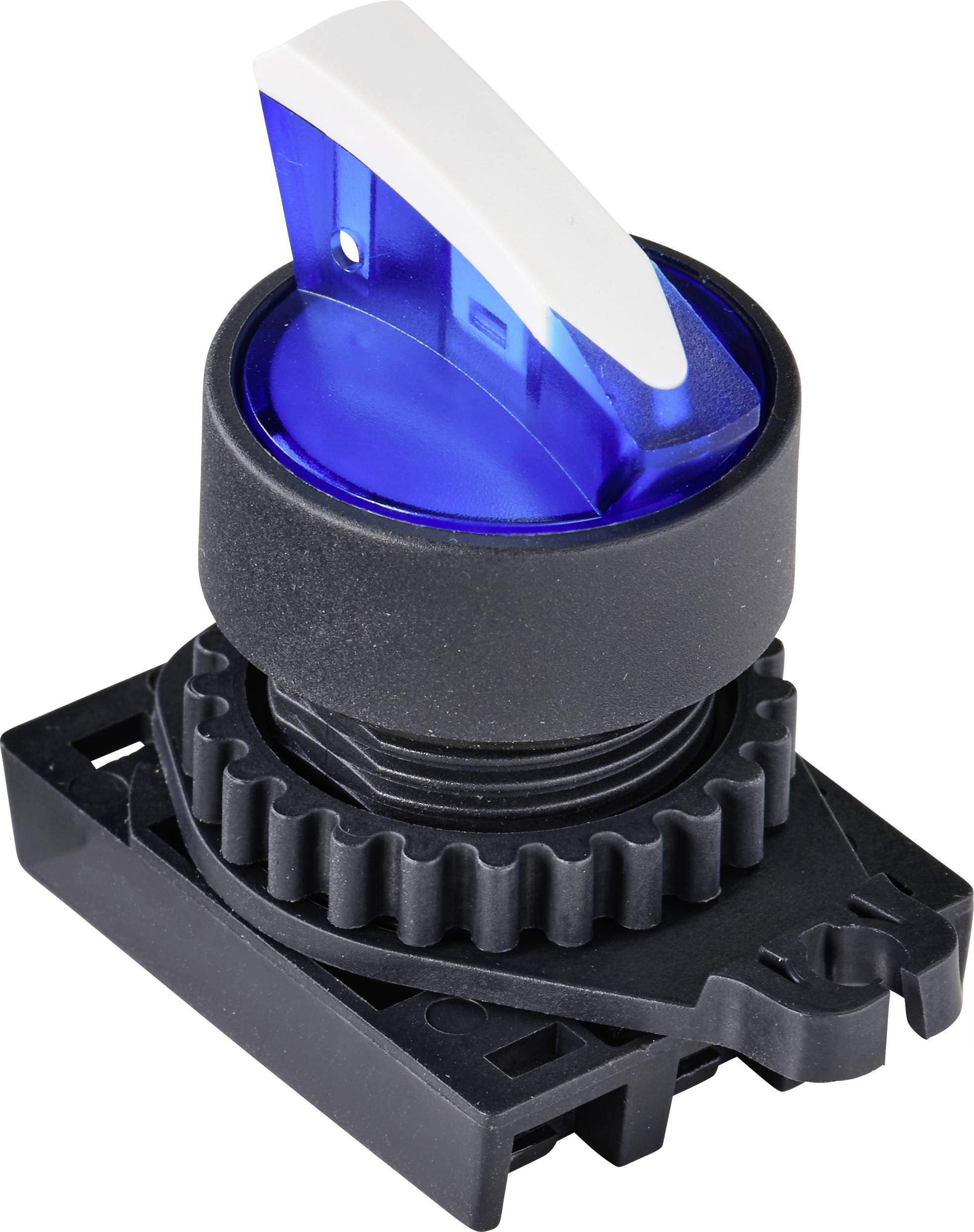A blue rotary switch with a black housing and white tip in fourth position.