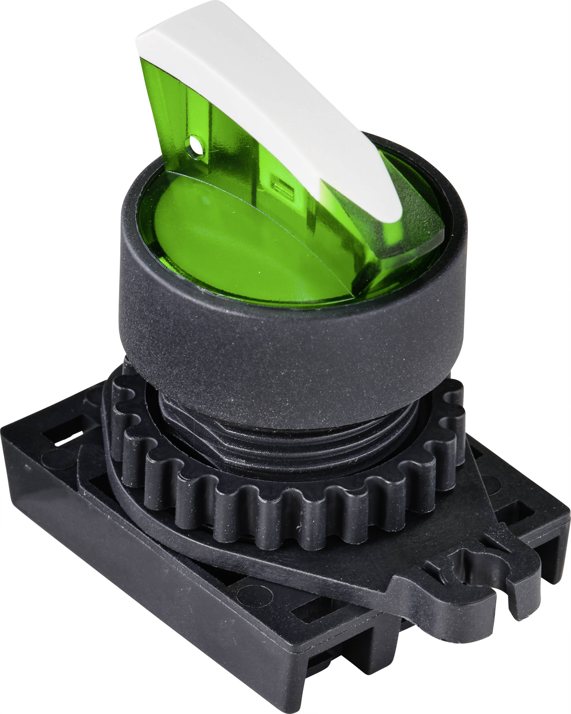 Rotary switch with green lever, mounted on a black base, suitable for industrial applications.