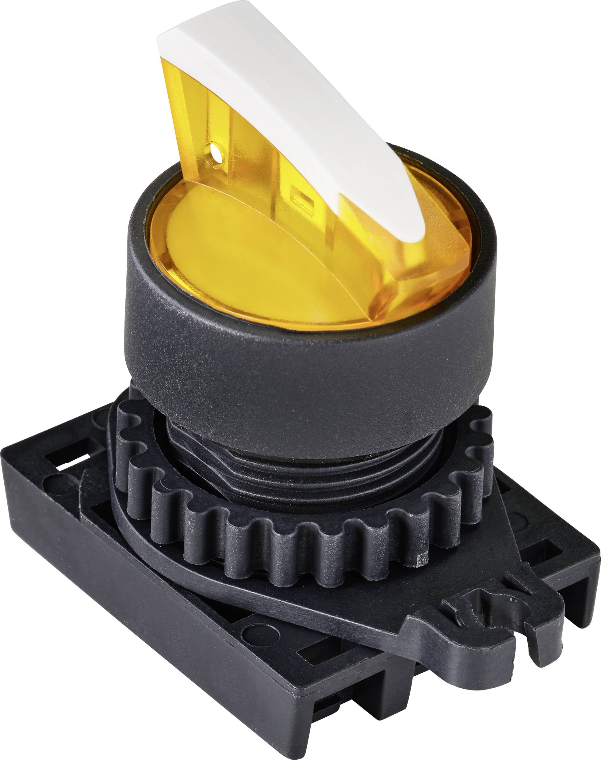 Yellow rotary switch mounted on a black base, suitable for use in electrical control systems or machine control panels.