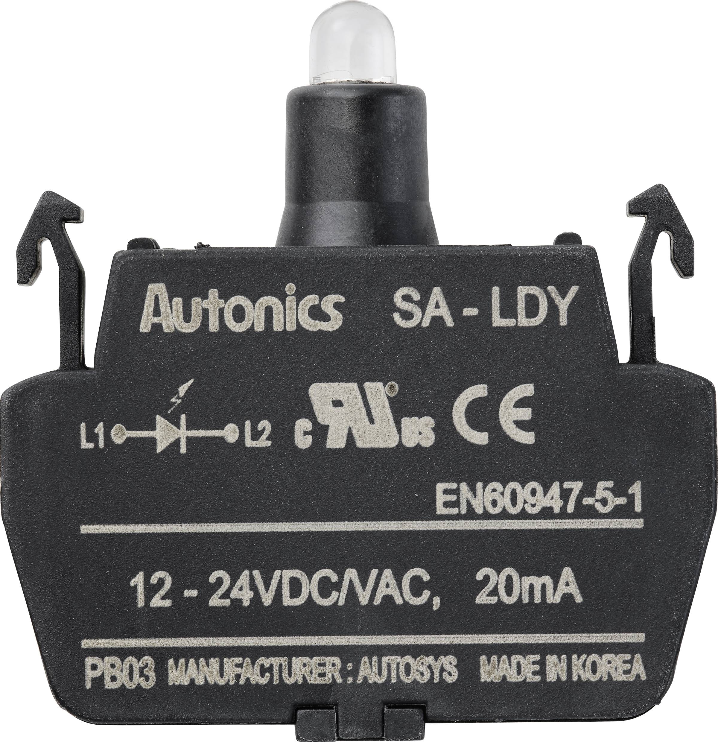 'Autonics SA-LDY' microswitch, 12-24 VDC/VAC, 20 mA, with symbols for certifications and country of origin 'Made in Korea'.
