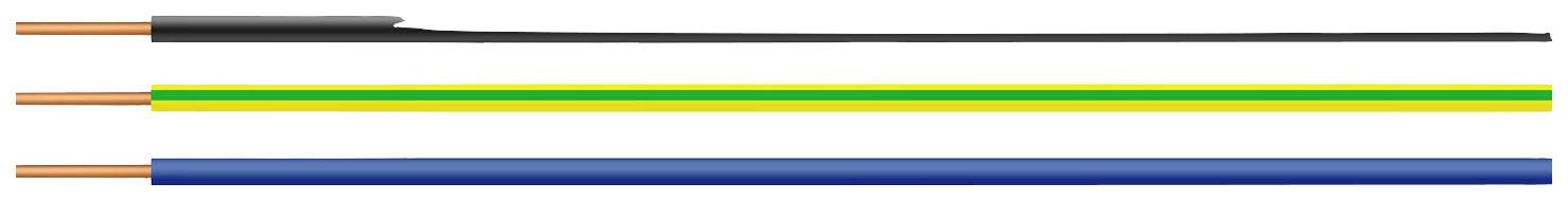 Three electrical cables with copper core: black, green-yellow striped, blue.