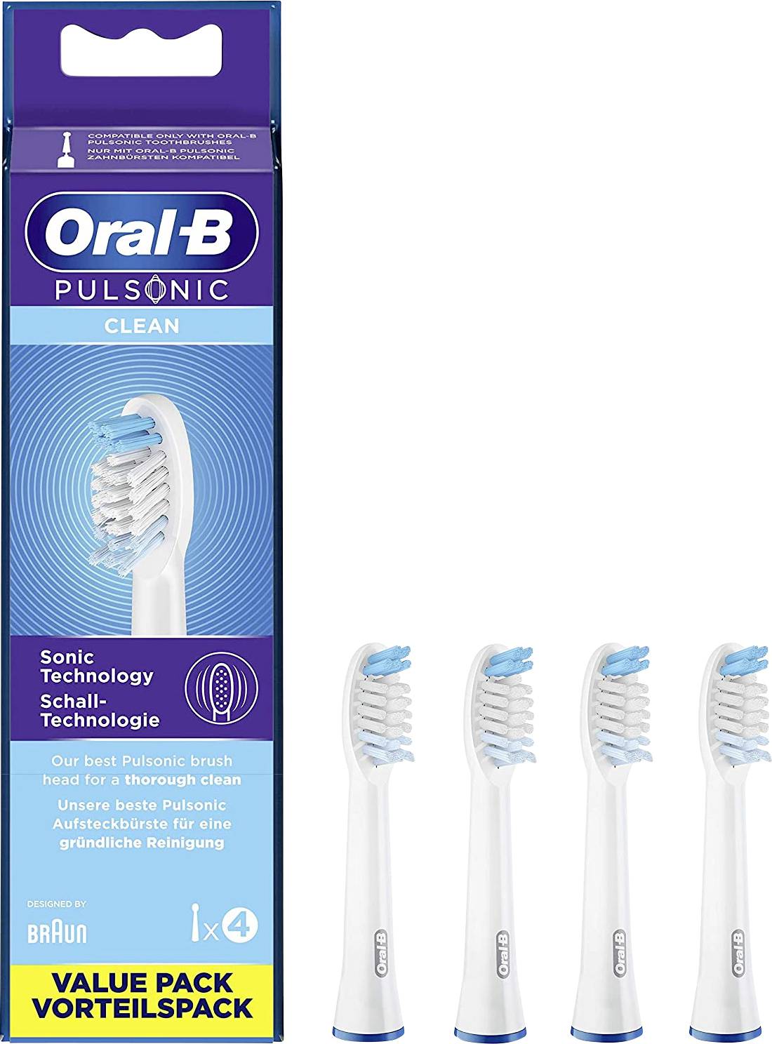 Pack of four Oral-B Pulsonic replacement brush heads, suitable for thorough cleaning with sonic technology.