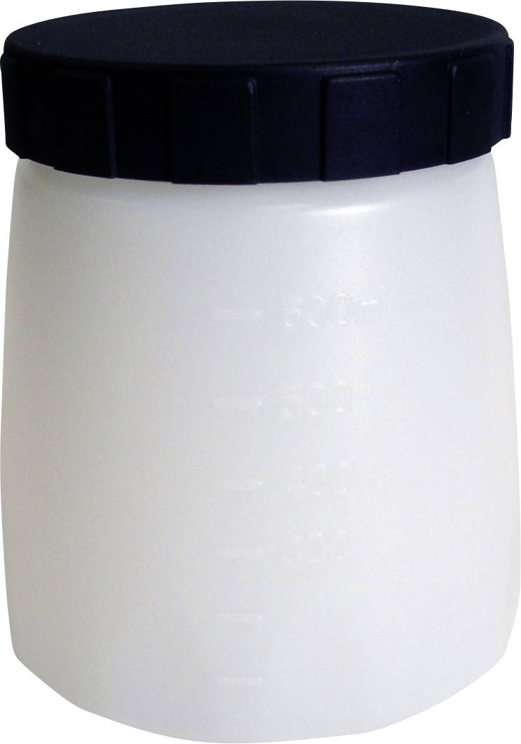 A white plastic container with a screw lid and measuring scale on the side. The lid is black.