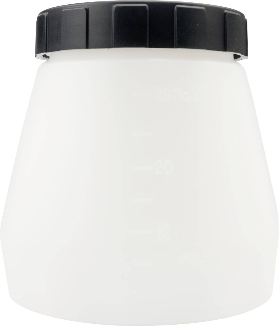 A white plastic container with a black screw lid, tapered in shape, displays millilitre markings on the side.