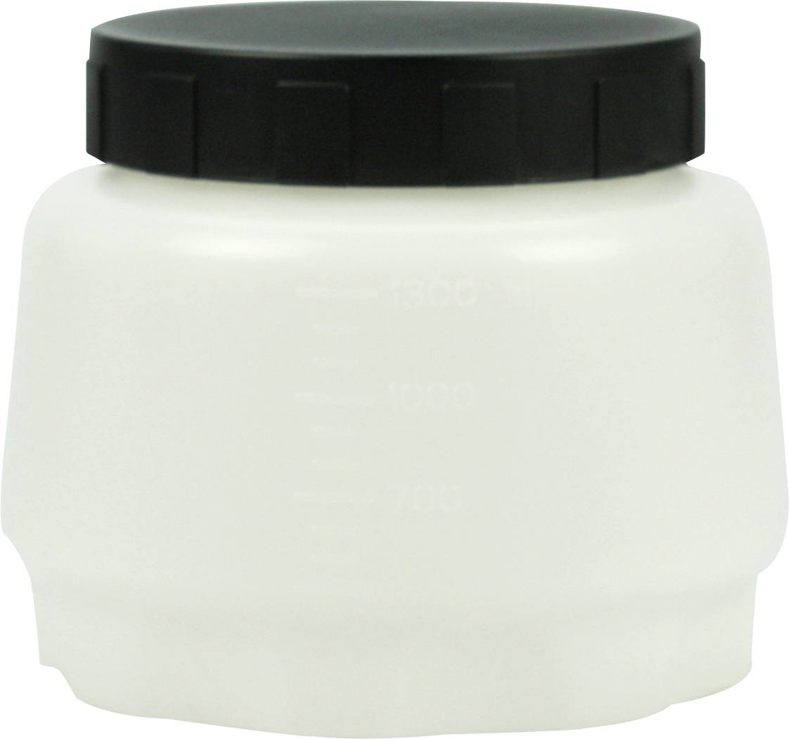 A transparent, empty plastic container with a black lid and measurement markings on the side.