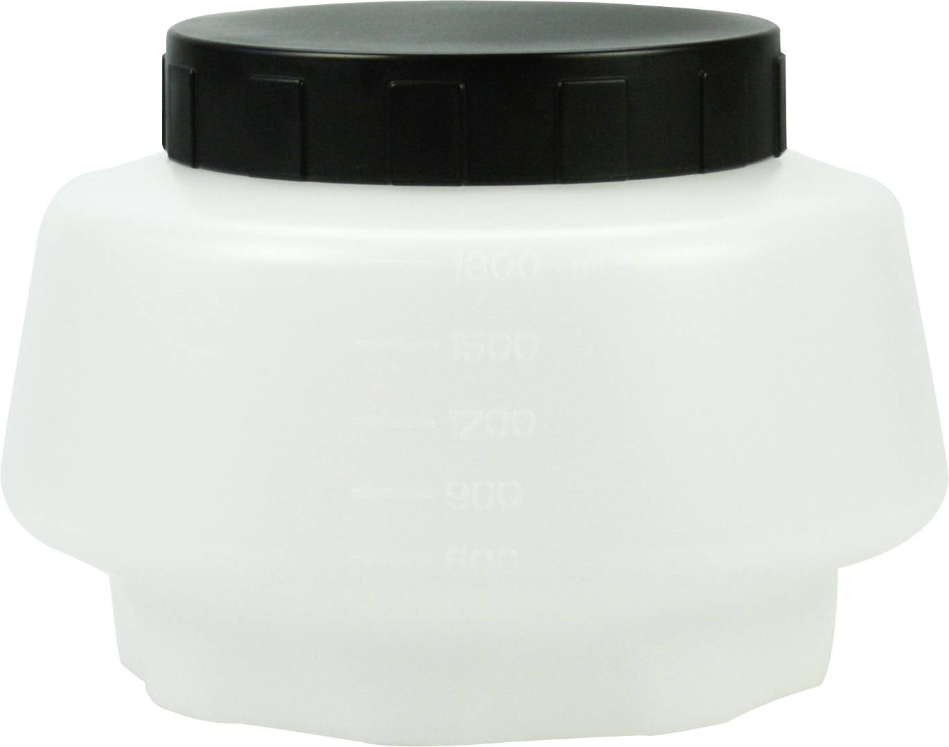 A white, transparent container with a black screw lid, printed on the side with volume measurement units.
