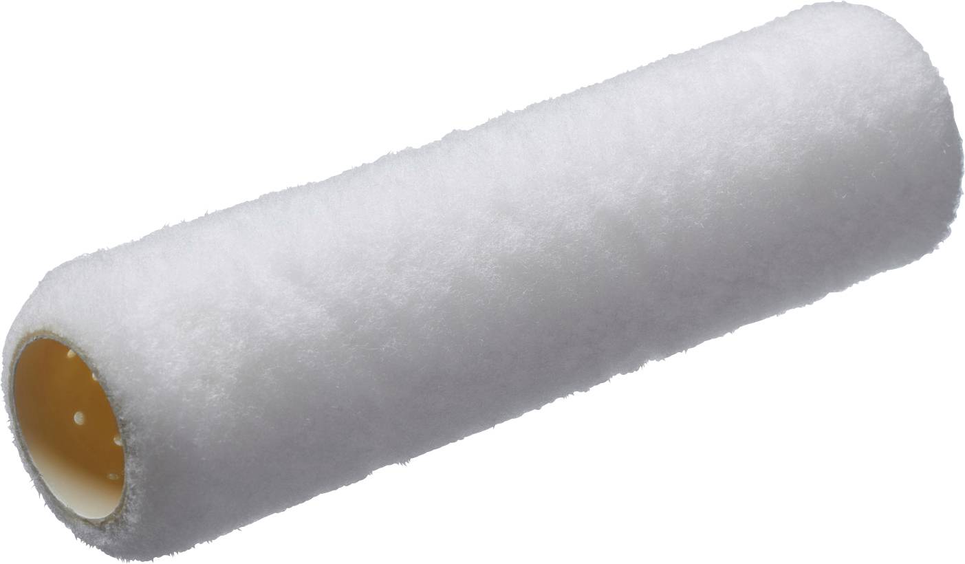 White paint roller on a white background, used for applying paint to large, flat surfaces.