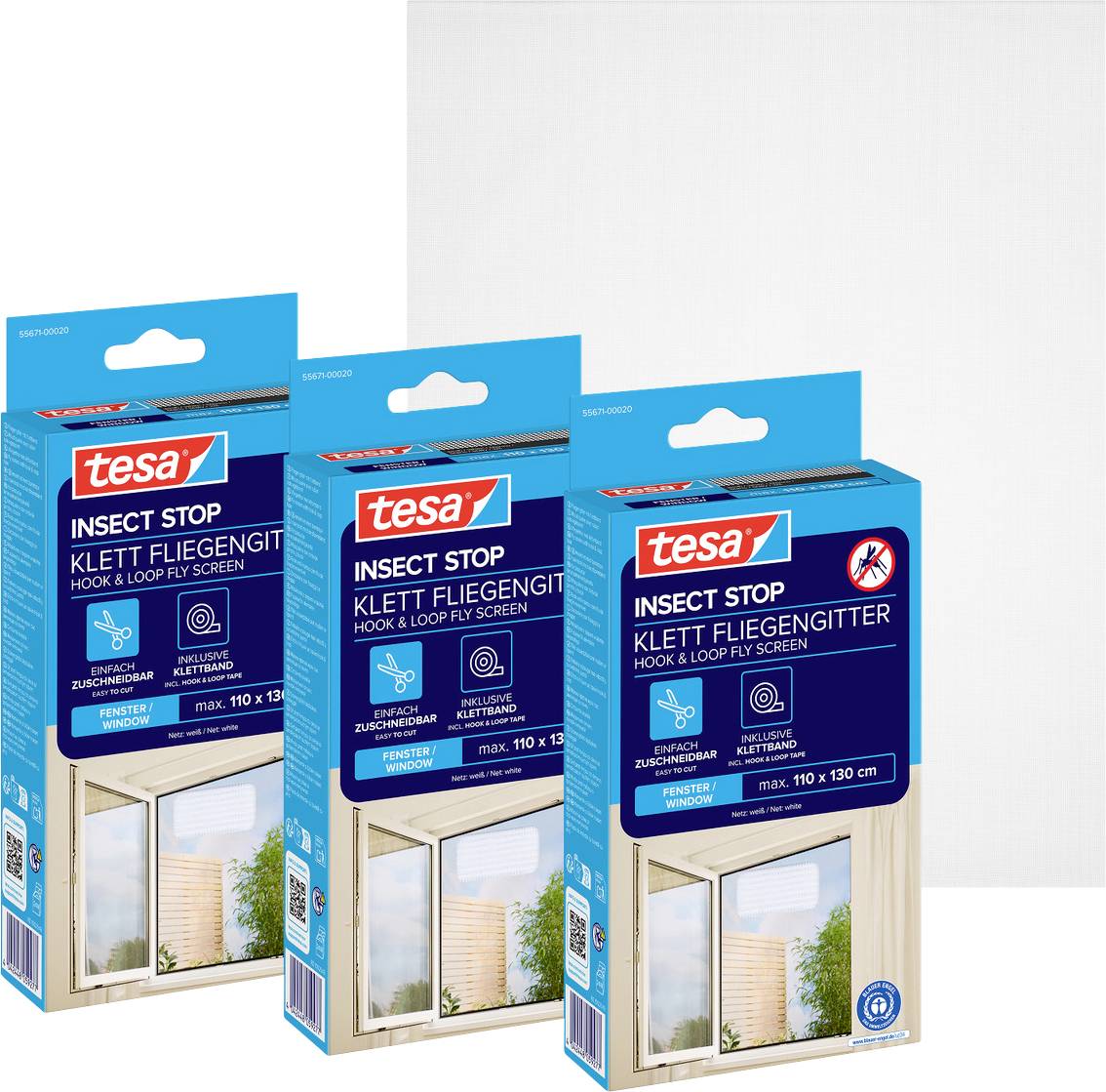 Three tesa Insect Stop window fly screen packages are shown in different sizes, featuring hook-and-loop screen kits with a window image.