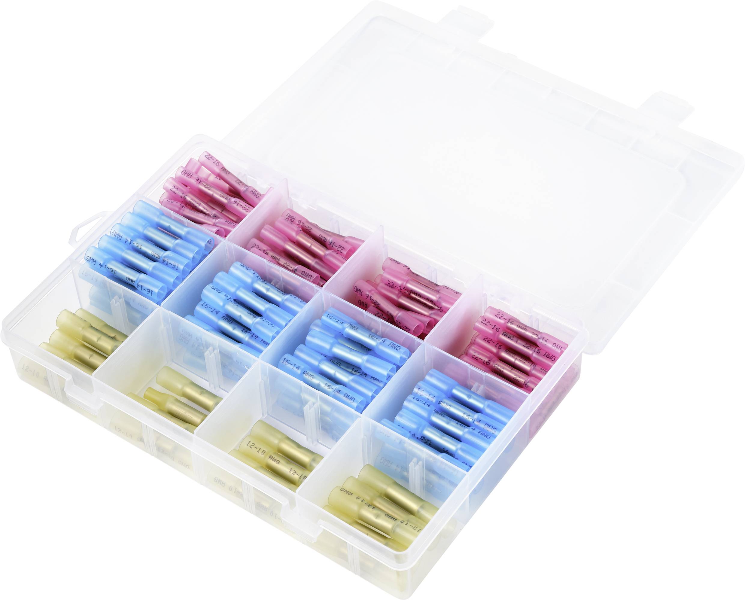 A transparent box with compartments containing pink, blue, and yellow connectors, organised by colour.