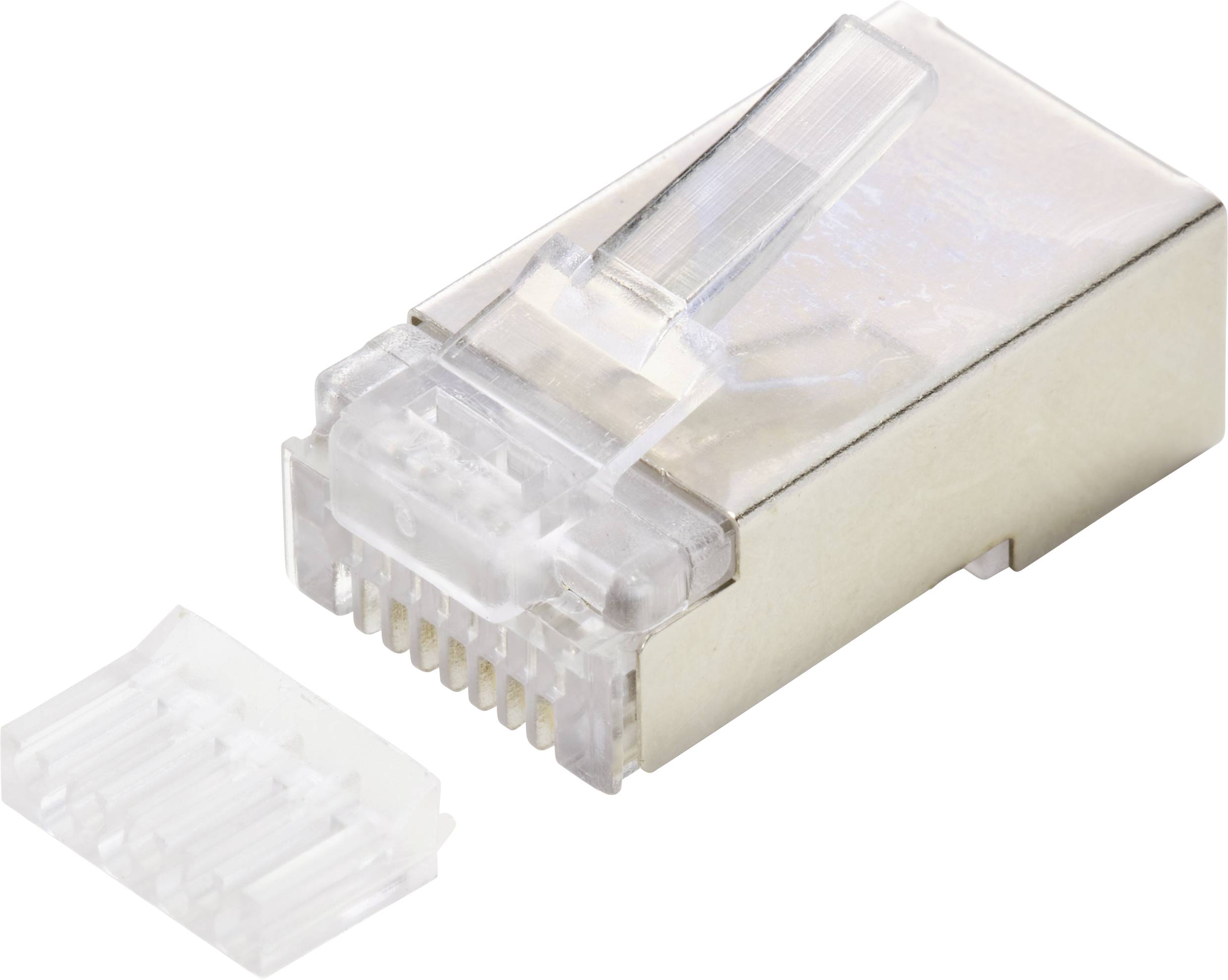 A RJ45 plug with a removable, clear plastic cover part on a neutral background.