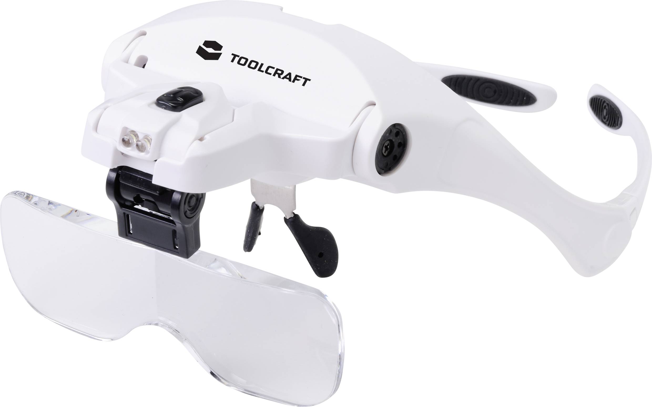 White magnifying glasses by Toolcraft with adjustable lenses and LED light, ideal for precision work and detailed viewing.