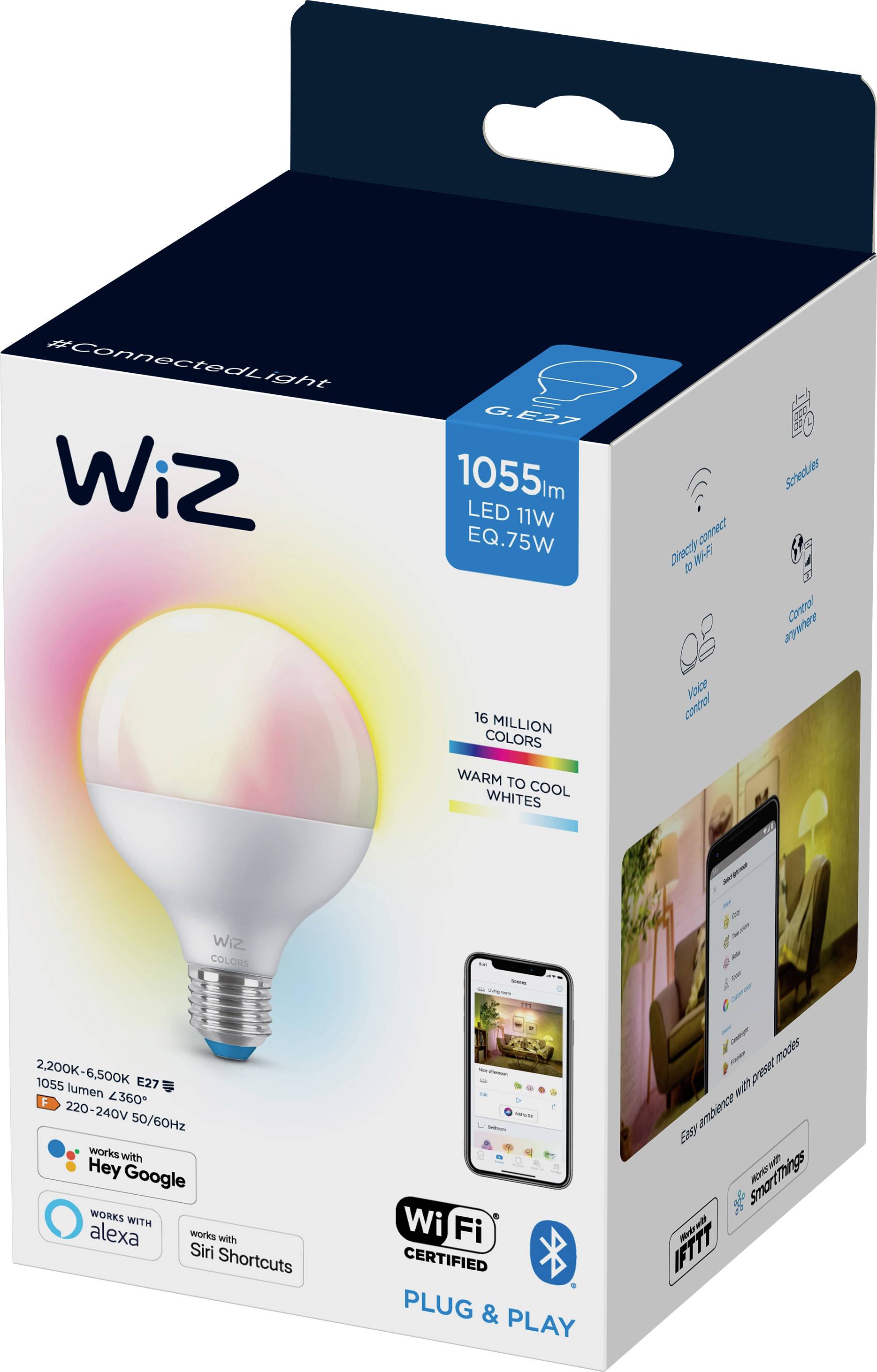 WiZ 08720169072275 LED (monochrome) EEC F (A - G) E-27 Globe shape 11 W = 75 W Warm white to cool white (Ø x H) 95 mm x 139 mm
