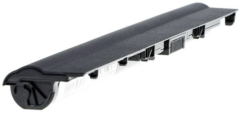 Black laptop battery in cylindrical form, photographed at an angle from the side. Suitable for various laptop models.