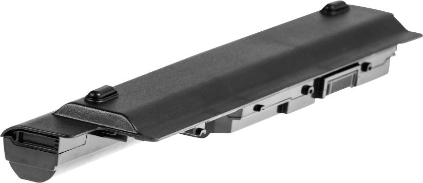 A black laptop battery in a rectangular shape with visible contacts and two mounting brackets on the top surface.