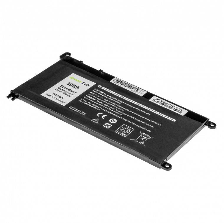 A rectangular laptop battery with black edges and markings on the front surface, displaying capacity, voltage, and warning notices.