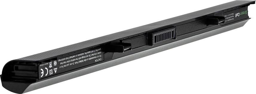 A laptop battery with a rectangular shape and black casing, marked with technical information and safety symbols.