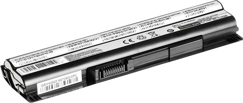 A laptop battery with multiple certification and warning labels on its surface.