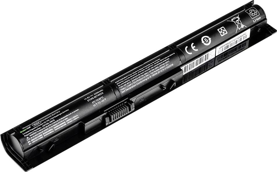 A black laptop battery with technical specifications and symbols on its surface, including CE marking and recycling symbol.