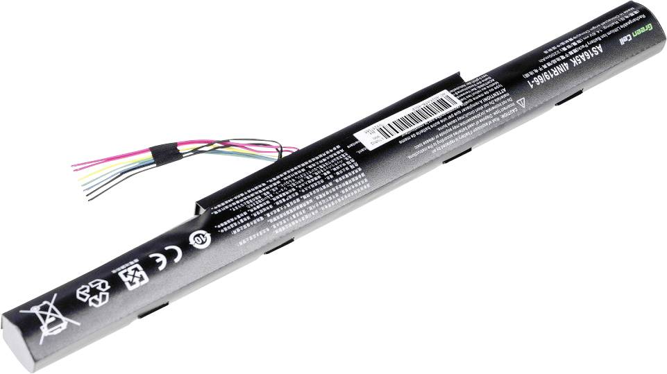 A rectangular, black laptop battery with inscriptions and symbols, including CE mark and recycling symbols. Multicoloured cables extending from the sides.