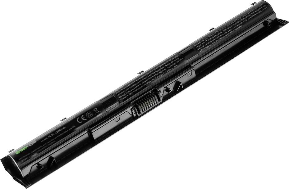 Black laptop battery in an elongated shape. Brand and safety markings on the surface.