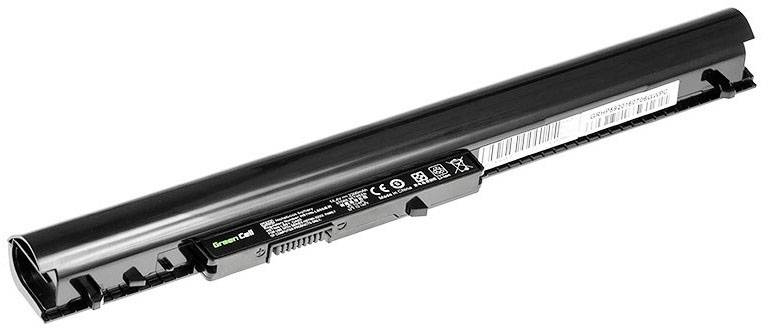 A rectangular, black laptop battery with manufacturer and safety information printed on the surface.