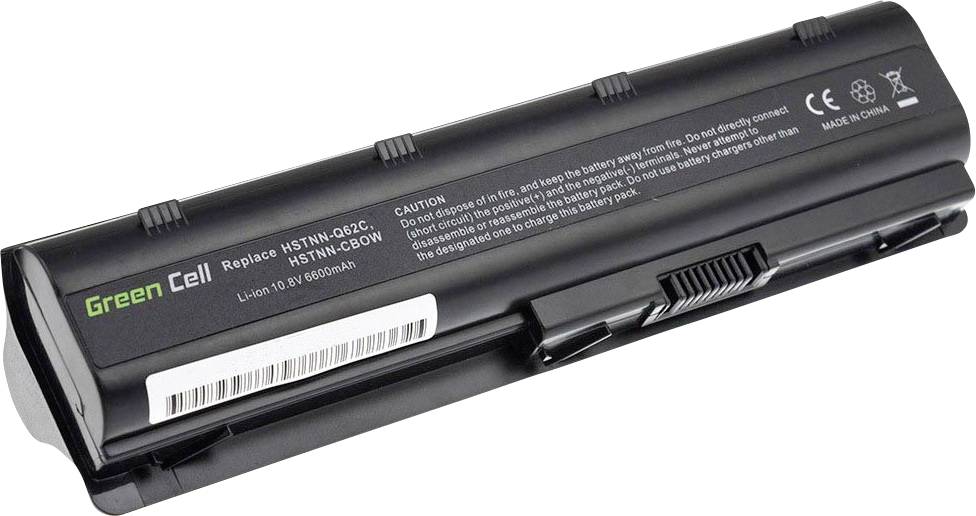 A black laptop battery with the inscription 'Green Cell', product specifications and safety warnings on the surface.