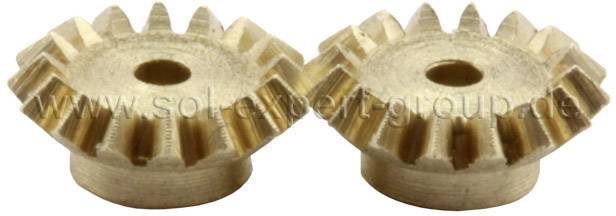 Two golden bevel gears with teeth stand side by side. The background is neutral, which emphasises the bevel gears.