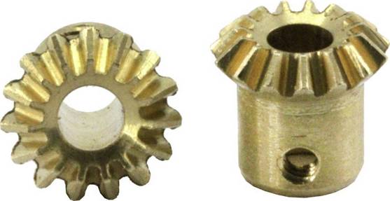 Two brass bevel gears, each cylindrical with bevelled teeth, lying side by side, showing different perspectives.