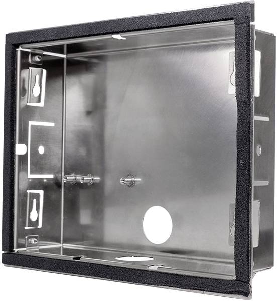 Metal frame with rectangular housing, open front face and black edges. Contains holes and mounting points for installations.