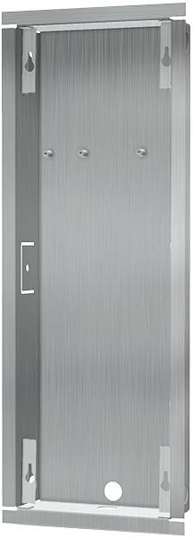 Stainless steel wall plate with a rectangular shape and pre-drilled holes for mounting, without visible decorations or inscriptions.