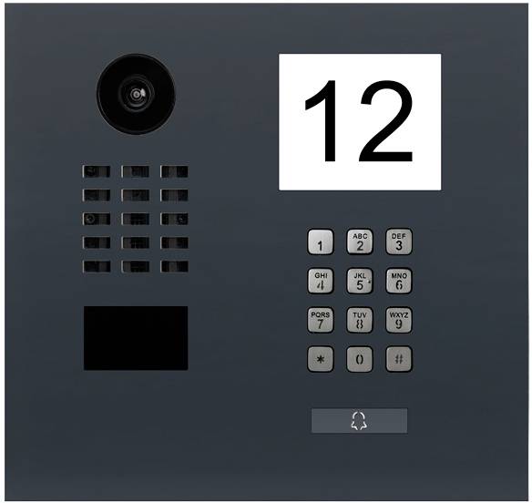 A black intercom system with a camera, numeric keypad, and doorbell button. '12' in a white field at the top right.