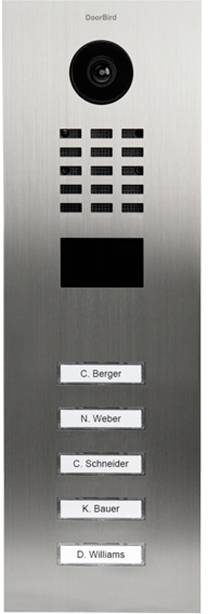 Stainless steel intercom with camera, screen and five nameplates: C. Berger, N. Weber, C. Schneider, K. Bauer, D. Williams.