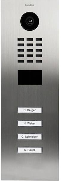 A silver intercom with camera, speaker and four doorbell buttons, each labelled 'C. Berger', 'N. Weber', 'C. Schneider', 'K. Bauer'.