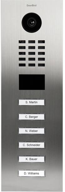 A stainless steel entry intercom system with six name plates: 'S. Martin', 'C. Berger', 'N. Weber', 'C. Schneider', 'K. Bauer', 'D. Williams'. Camera and speaker located at the top.