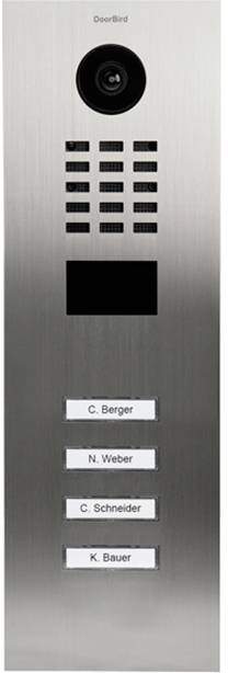 Video intercom with camera, speaker, screen and four name buttons: C. Berger, N. Weber, C. Schneider, K. Bauer.