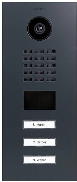 Intercom with camera and screen. Three doorbell labels: 'S. Martin', 'C. Berger', 'N. Weber'.