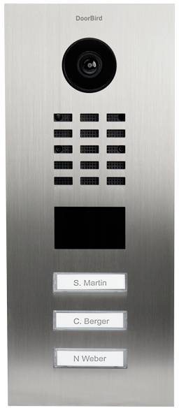 Door entry panel with camera and three name plates: 'S. Martin', 'C. Berger', and 'N. Weber'.