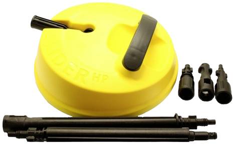 Yellow cleaning device component with black connecting parts and two extension rods. Components for a pressure washer.