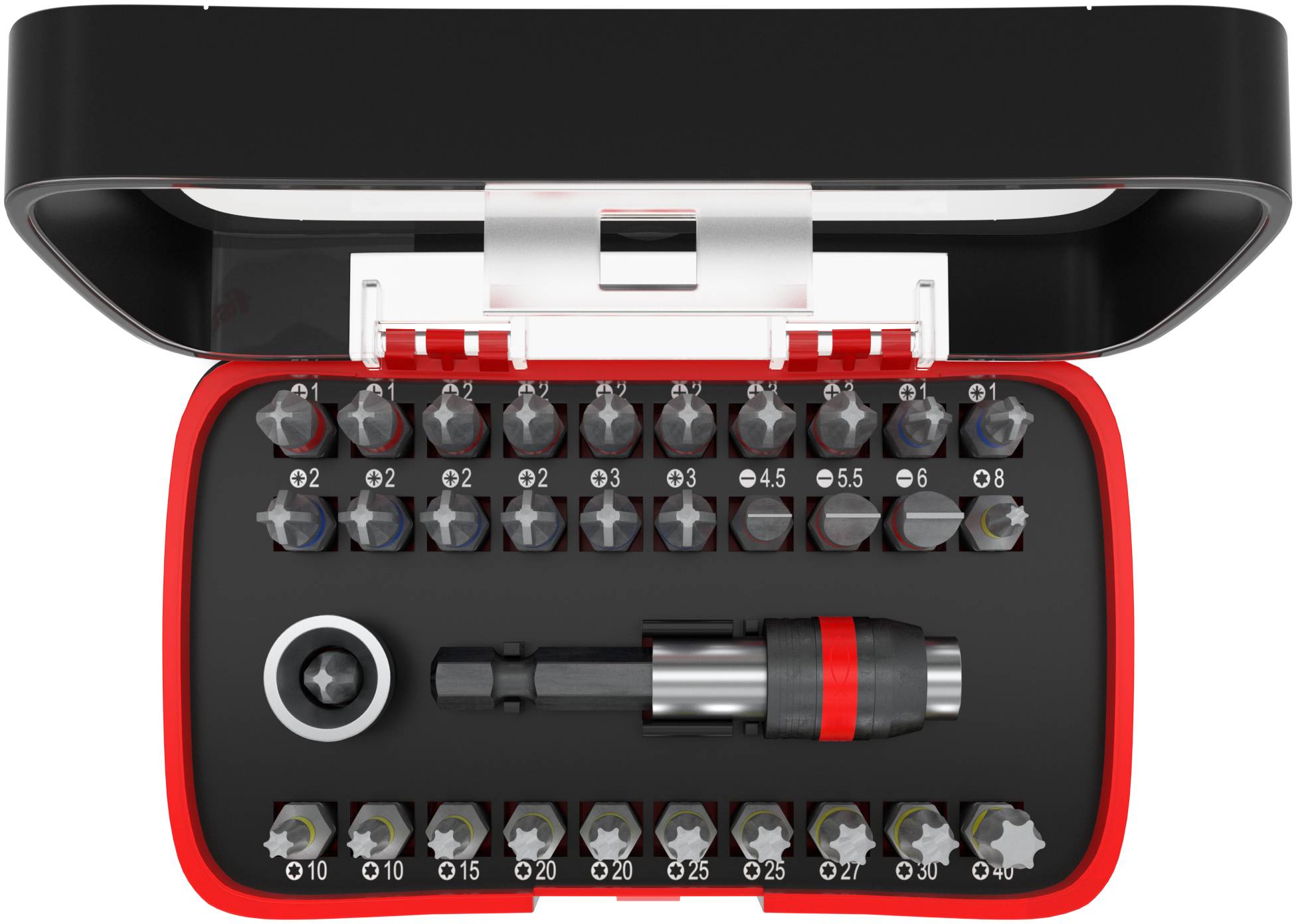 Open case with a precision screwdriver set, showing multiple interchangeable bits and a handle organized in a compact red-and-black tray.