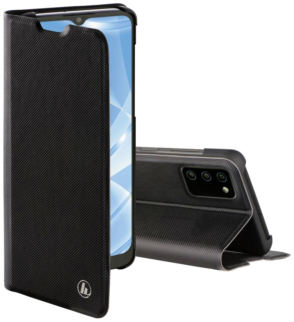 Smartphone case made of black material, supporting an open smartphone and showing the rear view of a mobile phone with a triple camera.