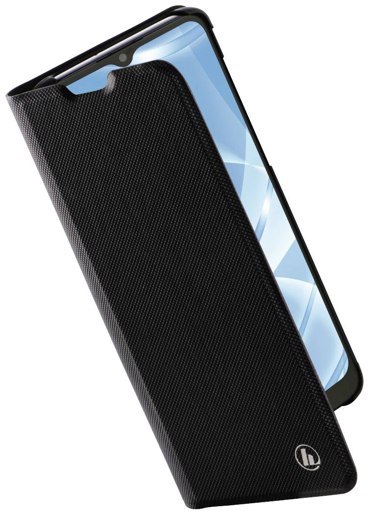 A black smartphone with a flip case is slightly open, with the display showing a blue pattern.