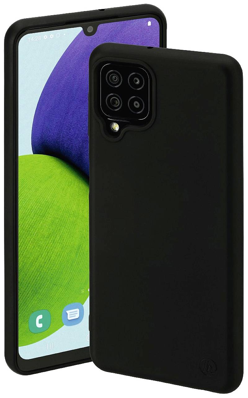 Two smartphones with black casings; one showing a display with green and purple backgrounds, the other displaying the back with four camera lenses.