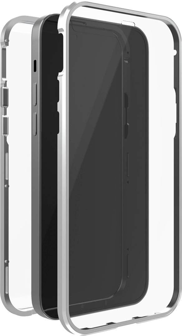 Transparent smartphone case in an exploded view showing front, back and silver chassis frame.