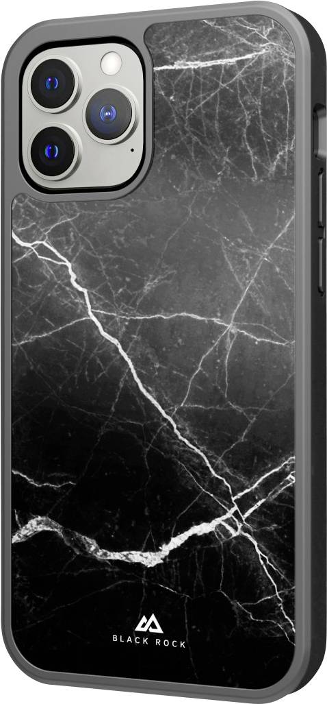 Smartphone case with black marble design and white veins, 'Black Rock' logo at the bottom edge. Square camera cutout.